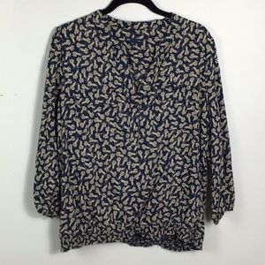Navy blue & tan Cat print V neck elastic waist shirt size large